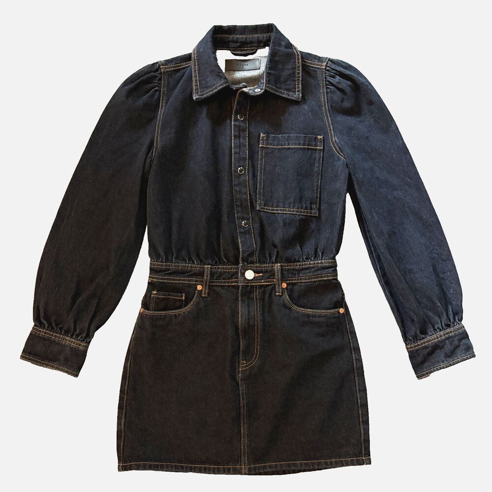Blank NYC XS Dark Wash Denim Puff Sleeve Mini Dress Long Sleeve Western
